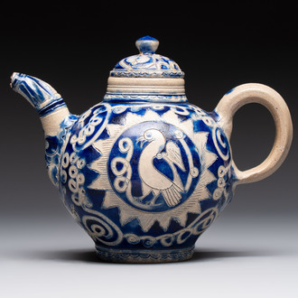 An unusual Westerwald stoneware teapot and cover, Germany, 17th C.