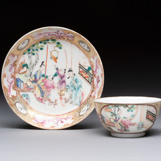 A Chinese Canton famille rose 'mandarin subject' cup and saucer, Qianlong