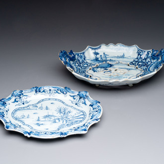 A blue and white Dutch Delft strainer and stand, 18th C.