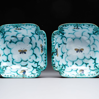 A pair of Brussels faience salad bowls with butterflies and caterpillars, 18th C.