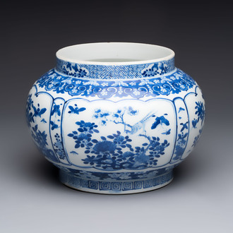 A Chinese blue and white 'birds among flowering branches' vase, Kangxi mark, 19th C.