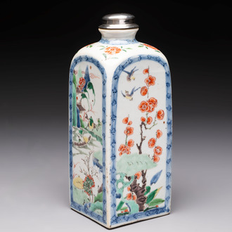 A Chinese famille verte square flask with a silver cover, Kangxi
