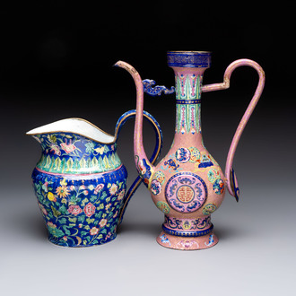 A Chinese Canton enamel blue-ground jug and a rare pink-ground ewer, Qianlong/Jiaqing