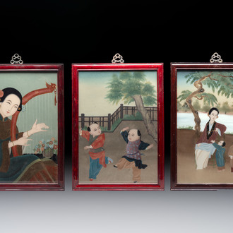Three Chinese reverse glass paintings, 19/20th C.