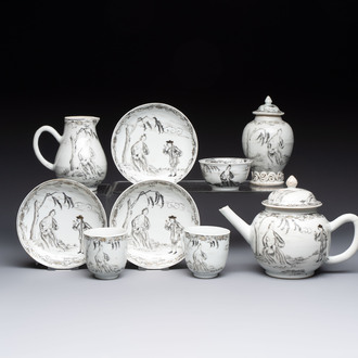 A Chinese grisaille semi-erotic 'La Nourriture' nine-piece tea service, Qianlong