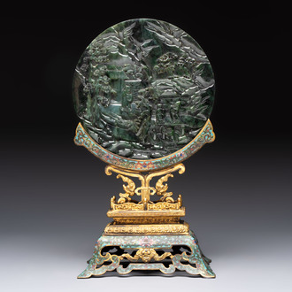 A fine Chinese spinach-green jade table screen with a gilt-cloisonné stand, Qianlong