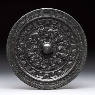 A Chinese finely cast 'immortals' bronze mirror, Wu Zuo Ming Jing 吾作明鏡 mark, Eastern Han
