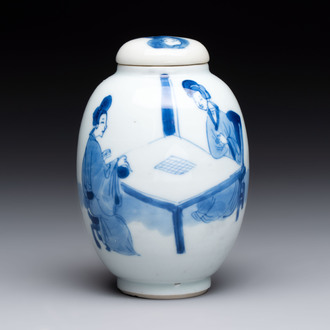 A Chinese blue and white tea caddy and cover with ladies playing, Kangxi