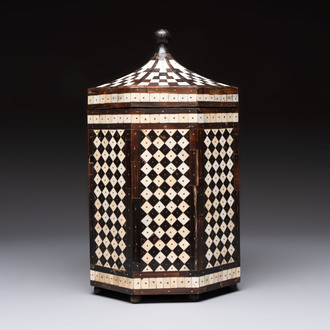 An Ottoman bone and horn-inlaid octagonal wooden casket, 19th C.