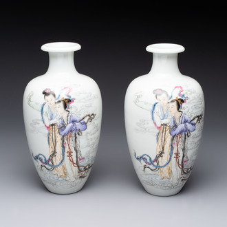 A pair of Chinese famille rose vases with two goddesses, Xi Ping Cao Lu 希平草廬 mark, Republic
