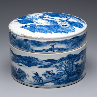 A rare Chinese blue and white cylindrical box and cover for the Thai or Vietnamese market, Jin Tang Fa Ji 錦堂發記 mark, Daoguang