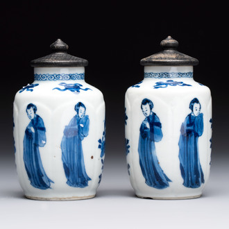 A pair of Chinese blue and white 'Long Eliza' miniature vases and wooden covers, Kangxi