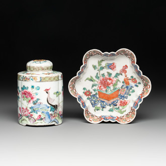 A fine Chinese famille rose tea caddy and a pattipan or teapot stand, Yongzheng/Qianlong