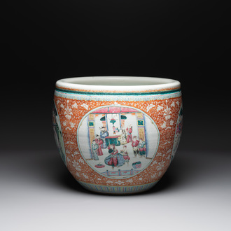 A large Chinese famille rose coral-red-ground fish bowl with narrative design, 19th C.