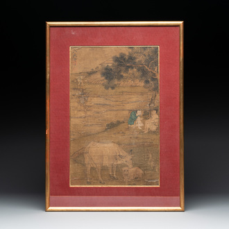 After Tang Yin 唐寅 (1470—1523): 'Buffalo and sage', ink and colour on silk, signed Liuru Jushi 六如居士, 18/19th C.