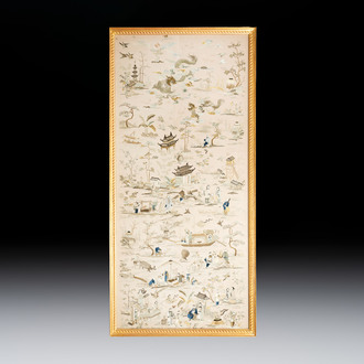 A very large Chinese beige-ground embroidered silk panel depicting scenes of Chinese rural life, 19th C.