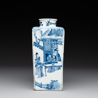 A Chinese blue and white square bottle with figural design, Kangxi