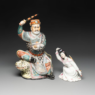 A Chinese famille rose group of Zhao Gongming 趙公明 and a figure of a goddess, Deng Yifu 鄧義福 mark, 19/20th C.