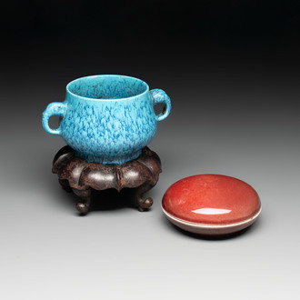 A Chinese robin's egg-glazed censer on a wooden stand and a copper-red-glazed seal paste box and cover, 19/20th C.