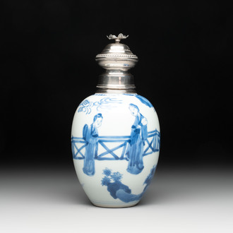 A Chinese blue and white 'Long Eliza' tea caddy with silver mount and cover, Kangxi