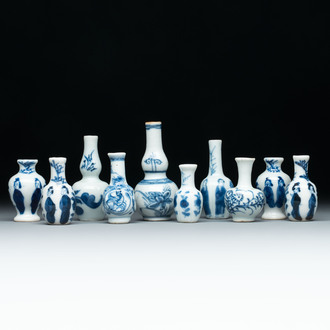 Ten Chinese blue and white miniature vases with figural and floral design, Kangxi