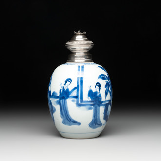 A Chinese blue and white 'Long Eliza' tea caddy with silver mount and cover, Kangxi