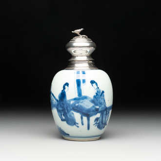 A Chinese blue and white 'Long Eliza' tea caddy with silver mount and cover, Kangxi
