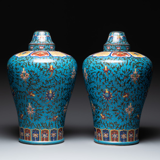A pair of large Chinese cloisonné 'lotus scroll' 'meiping' vases and cover, Republic