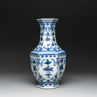 A Chinese blue and white hexagonal 'sanduo' vase, Qianlong mark and of the period