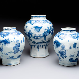 Three Chinese blue and white 'Lian Sheng San Ji 連升三級' vases, Transitional period