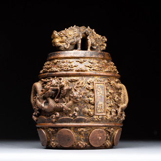 A fine Chinese gilt-bronze 'dragon among clouds' bell, Qianlong mark and of the period, dated 1743