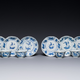 A set of six Chinese blue and white flower-shaped 'sanduo' cups and saucers, lingzhi mark, Kangxi