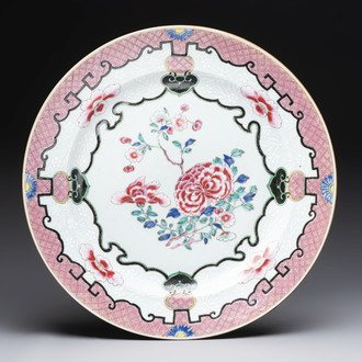 A large Chinese famille rose bianco-sopra-bianco 'peonies' dish, Yongzheng