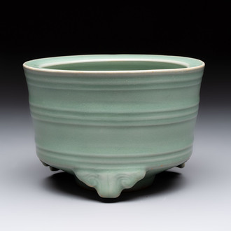 A Chinese Longquan celadon cylindrical tripod censer with trigrams design, Yuan/Ming