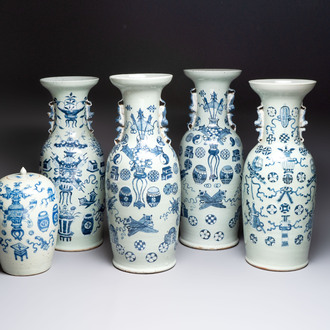 Four Chinese blue and white celadon-ground vases and a ginger jar, 19/20th C.