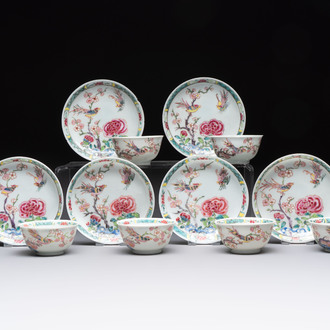 A set of six Chinese famille rose cups and saucers with birds among flowering branches, Yongzheng/Qianlong