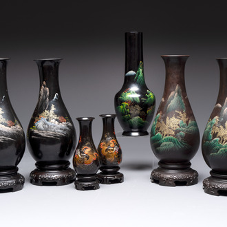 A collection of seven Chinese Fuzhou or Foochow lacquer vases, 19/20th C.