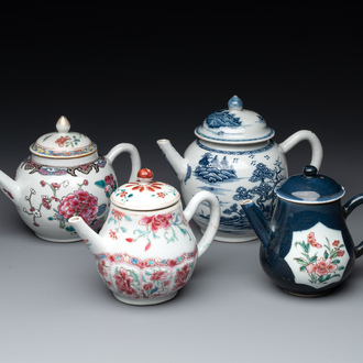Four Chinese blue, white and famille rose teapots, Yongzheng/Qianlong