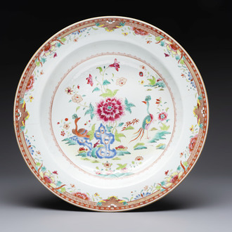 A large Chinese famille rose 'peacocks' basin, Qianlong, ca. 1760 - 1770