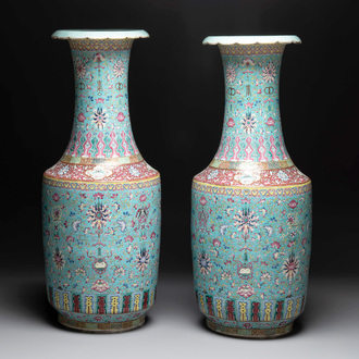 A pair of large Chinese famille rose turquoise-ground 'Buddhist symbols and lotus scroll' vases, Guangxu mark and of the period