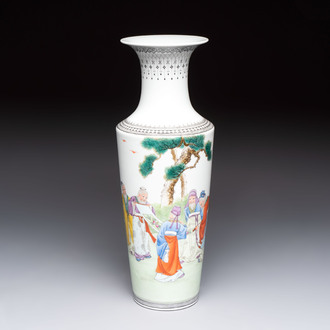 A Chinese famille rose 'Sanxing' vase, Qianlong mark, 20th C.