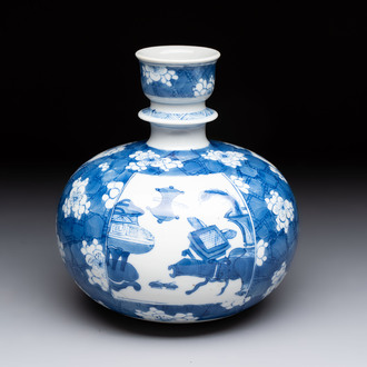 A Chinese blue and white 'antiquities' hookah base, Kangxi
