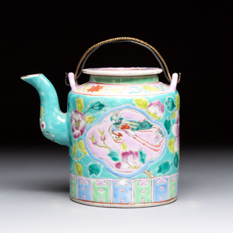 A Chinese famille rose turquoise-ground teapot for the Straits or Peranakan market, 19th C.