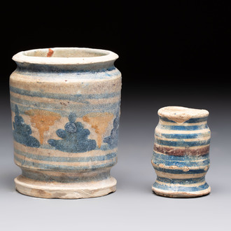 Two polychrome maiolica albarello-shaped ointment jars, Antwerp or Northern Netherlands, late 16th C.