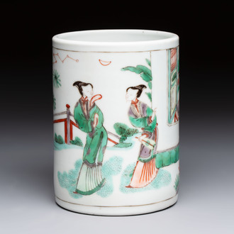 A Chinese famille verte 'Xi Xiang Ji' brush pot, Xue Gu Zhai 學古齋 mark, 19th C.