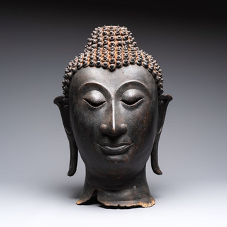 A large Thai bronze Buddha head, Sukhothai period, 15th C.