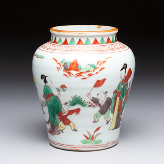 A small Chinese wucai jar with figures in a landscape, Transitional period