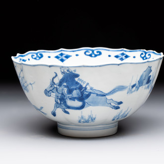 A Chinese blue and white 'Mongolian hunting scene' bowl, Chenghua mark, Kangxi