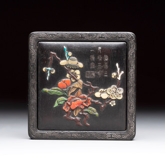 A Chinese hardstone, mother-of-pearl and silver embellished zitan box, Zhou Zhi 周製 mark, 18th C.
