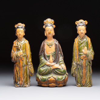 Three Chinese sancai-glazed figures of deities, Ming